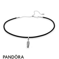 Women's Pandora Black Leather Choker Necklace & Feather Pendant Jewelry Women's Pandora Black Leather Choker Necklace & Feather Pendant Jewelry