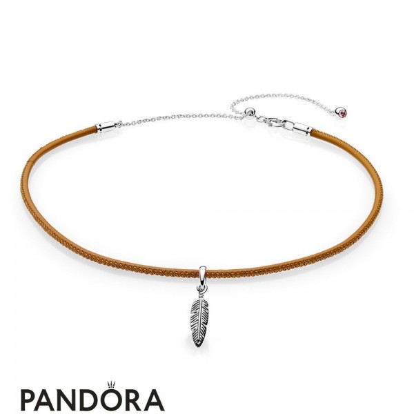Women's Pandora Golden Tan Leather Choker & Feather Jewelry