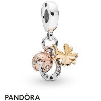 Women's Pandora Mixed Metal Horseshoe Clover And Ladybird Hanging Charm Jewelry